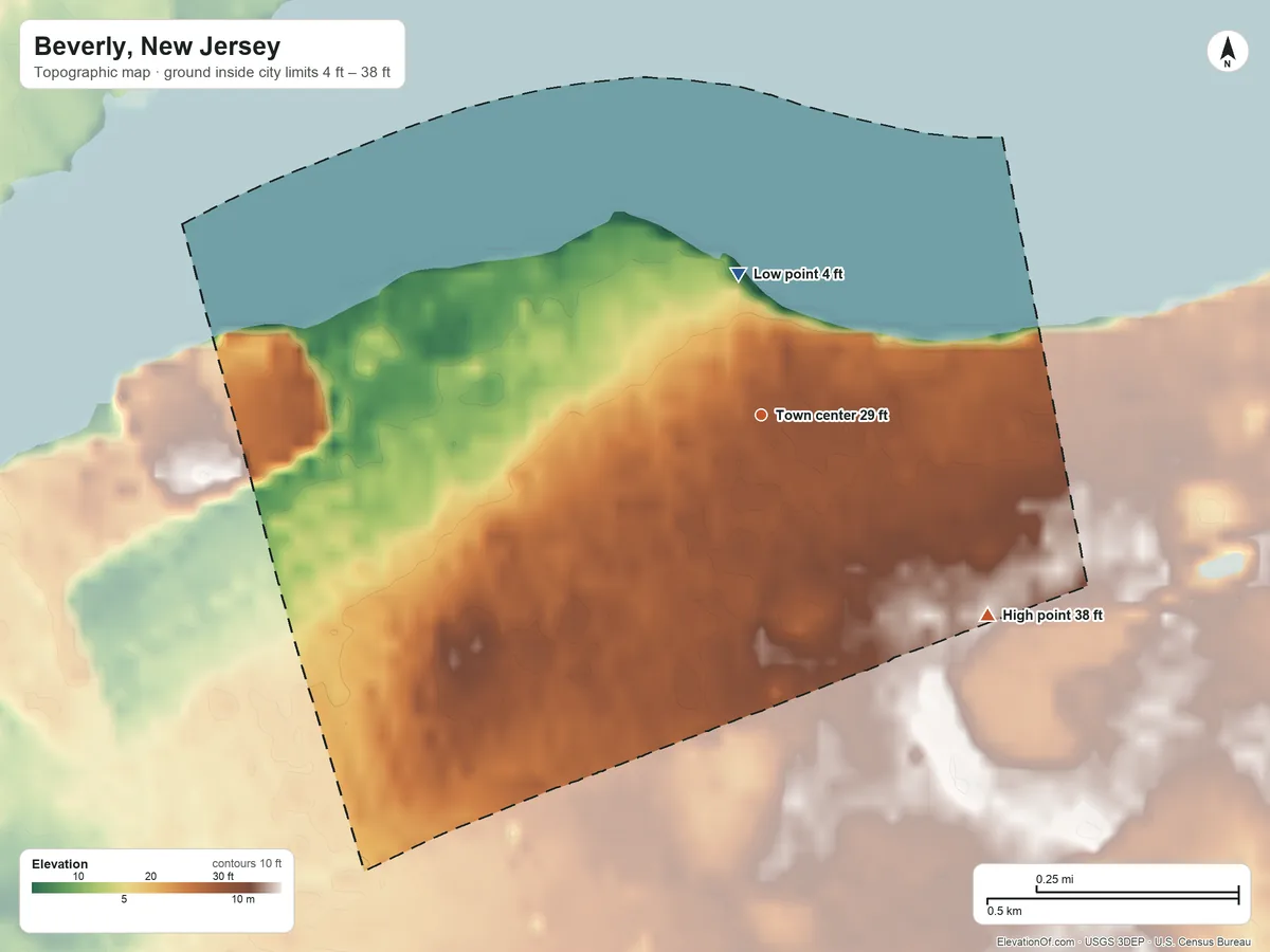 Topographic elevation map of Beverly, New Jersey, shaded from 4 ft on the north side to 38 ft on the southeast side
