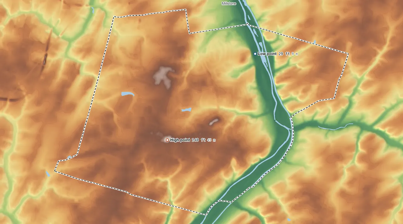 Topographic elevation map of Blackwells Mills, New Jersey, shaded from 29 ft on the northeast side to 140 ft near the middle