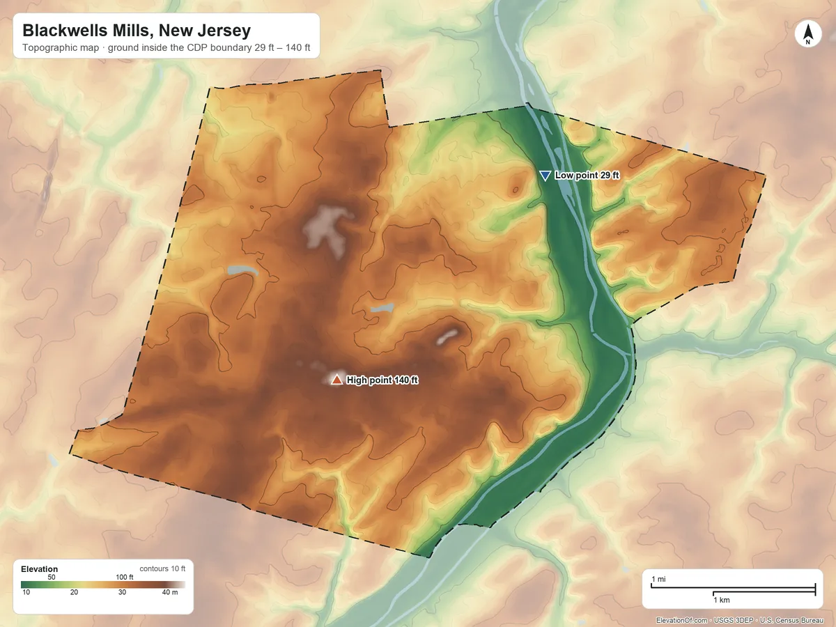 Topographic elevation map of Blackwells Mills, New Jersey, shaded from 29 ft on the northeast side to 140 ft near the middle
