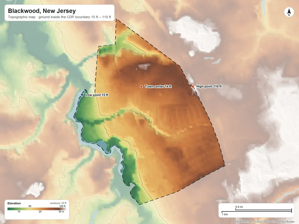 Topographic elevation map of Blackwood, New Jersey, shaded from 15 ft on the west side to 110 ft on the east side