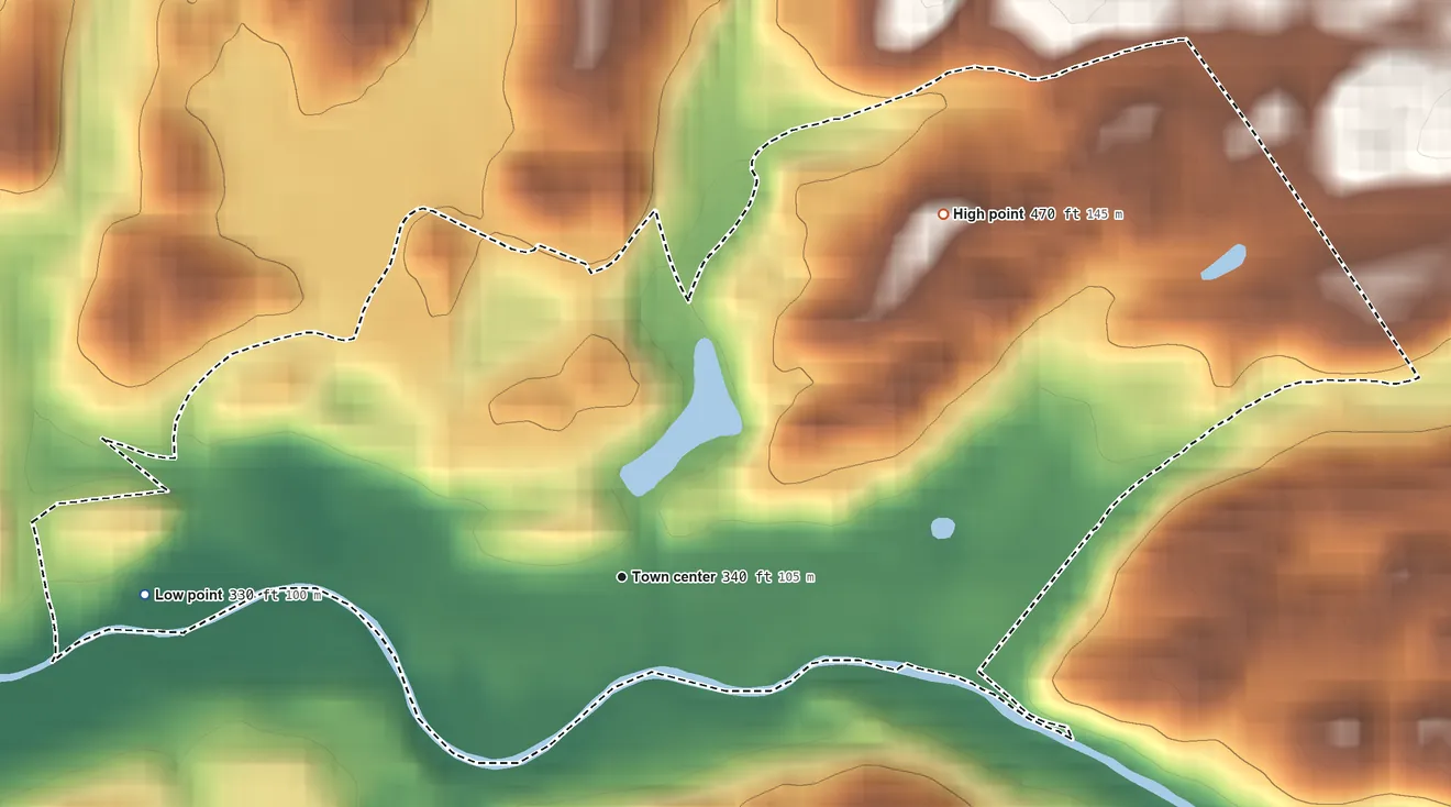 Topographic elevation map of Blairstown, New Jersey, shaded from 330 ft on the west side to 470 ft on the northeast edge, below higher ground just outside