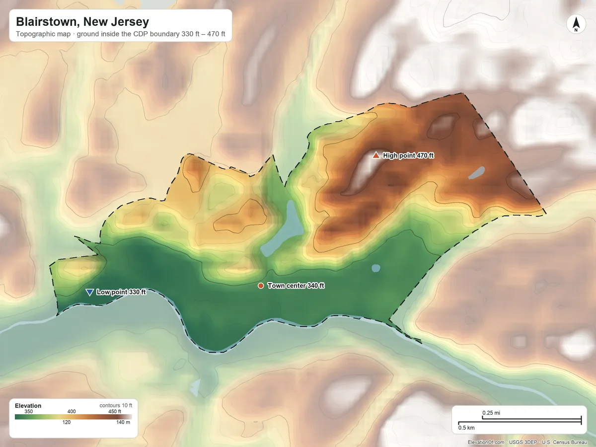 Topographic elevation map of Blairstown, New Jersey, shaded from 330 ft on the west side to 470 ft on the northeast edge, below higher ground just outside