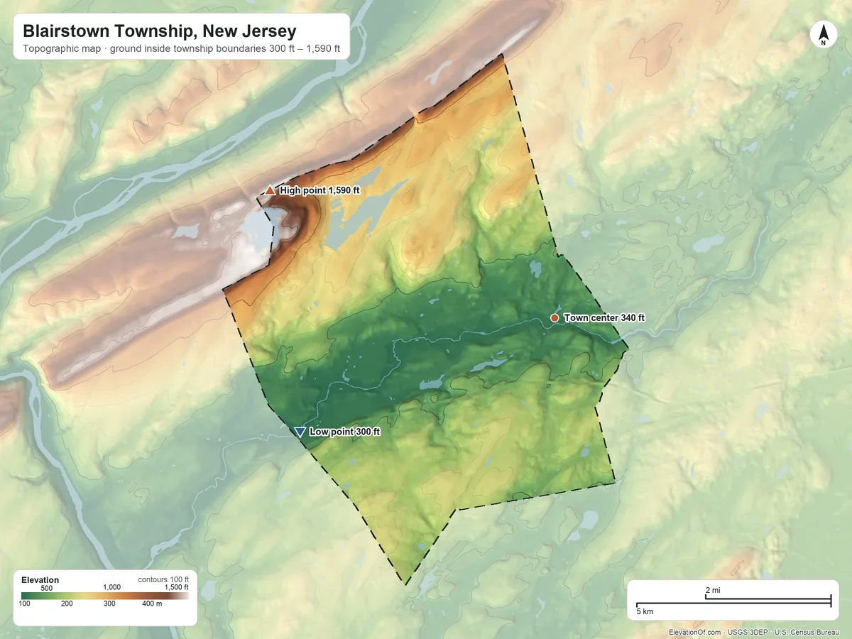 Topographic elevation map of Blairstown Township, New Jersey, shaded from 300 ft on the southwest side to 1,590 ft on the northwest side