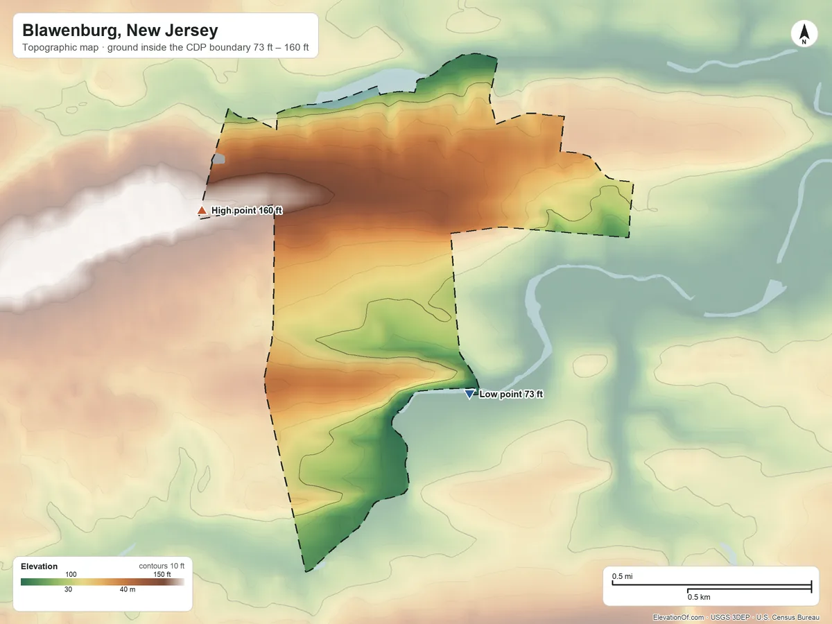 Topographic elevation map of Blawenburg, New Jersey, shaded from 73 ft on the south side to 160 ft on the southwest side