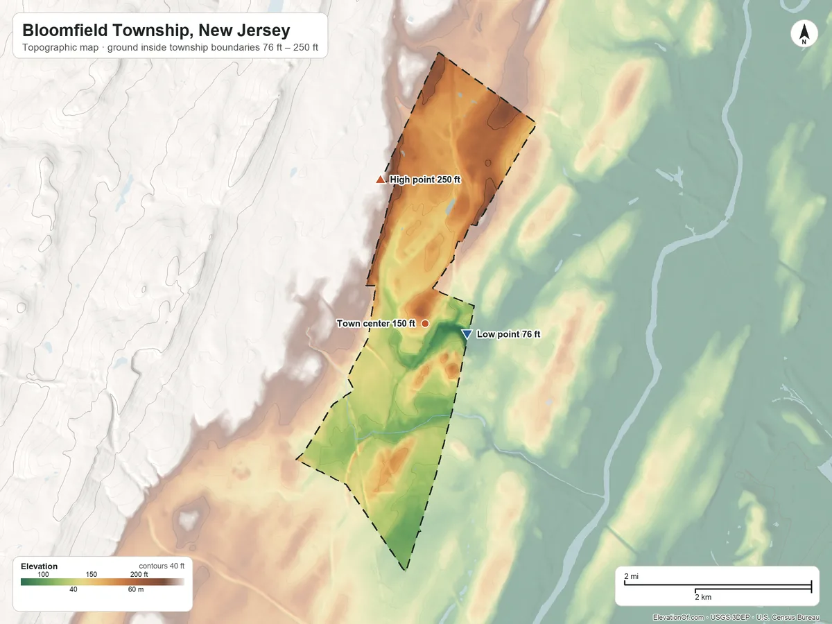Topographic elevation map of Bloomfield Township, New Jersey, shaded from 76 ft near the middle to 250 ft at the foot of the Watchung Mountains