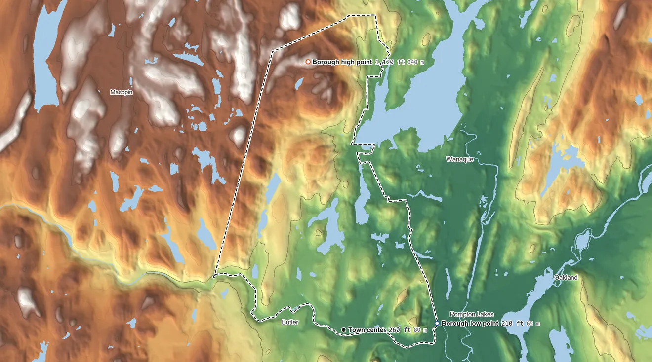 Topographic elevation map of Bloomingdale, New Jersey, shaded from 210 ft on the east side to 1,120 ft on the north side