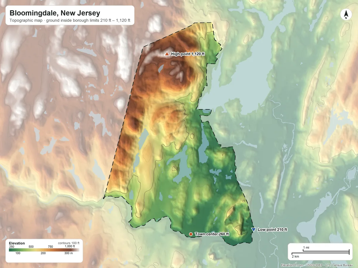 Topographic elevation map of Bloomingdale, New Jersey, shaded from 210 ft on the east side to 1,120 ft on the north side