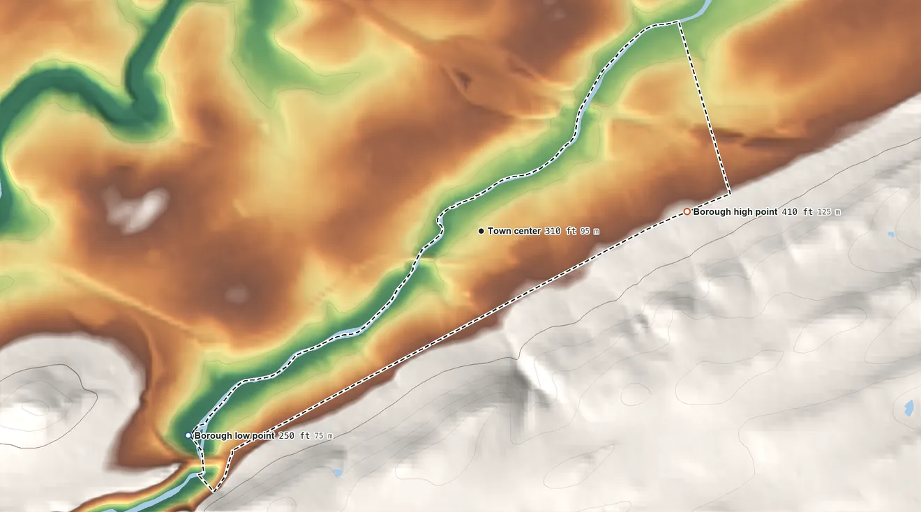 Topographic elevation map of Bloomsbury, New Jersey, shaded from 250 ft on the southwest side to 410 ft on the east edge, below higher ground just outside