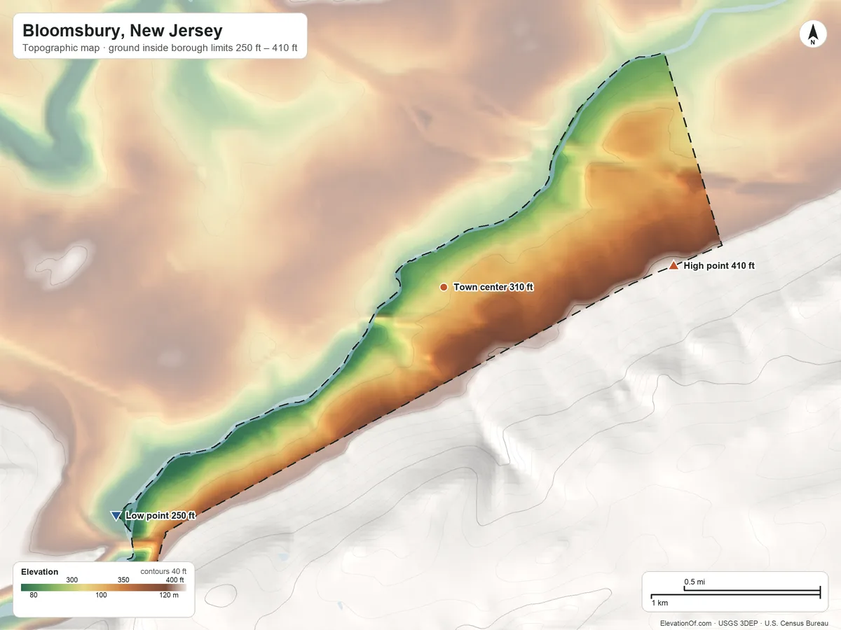Topographic elevation map of Bloomsbury, New Jersey, shaded from 250 ft on the southwest side to 410 ft on the east edge, below higher ground just outside