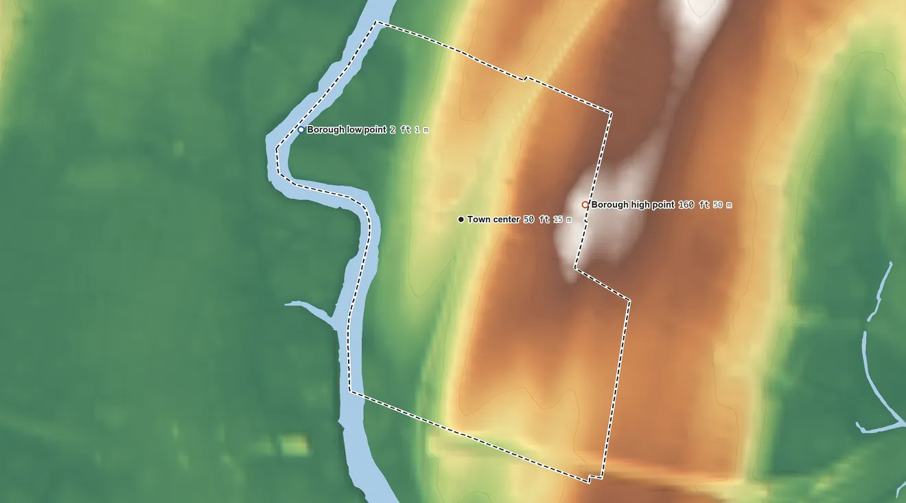 Topographic elevation map of Bogota, New Jersey, shaded from 2 ft on the northwest side to 160 ft on the east side