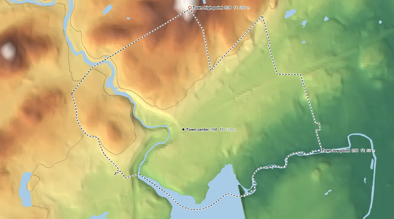 Topographic elevation map of Boonton, New Jersey, shaded from 190 ft on the east side to 910 ft on the north edge, below higher ground just outside