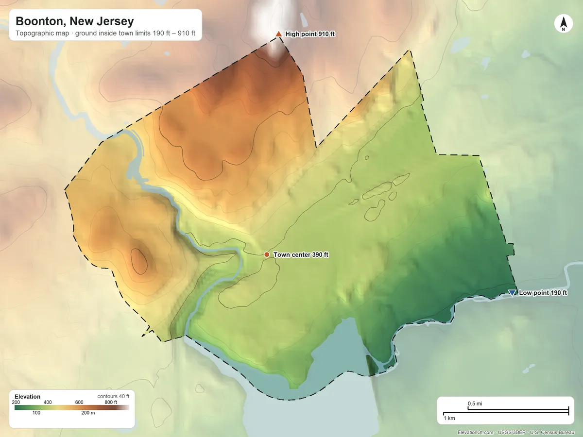 Topographic elevation map of Boonton, New Jersey, shaded from 190 ft on the east side to 910 ft on the north edge, below higher ground just outside