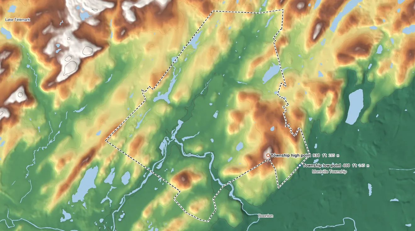 Topographic elevation map of Boonton Township, New Jersey, shaded from 480 ft on the east side to 930 ft on Sheep Hill
