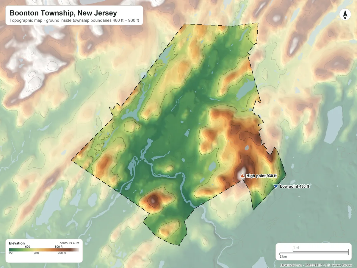 Topographic elevation map of Boonton Township, New Jersey, shaded from 480 ft on the east side to 930 ft on Sheep Hill