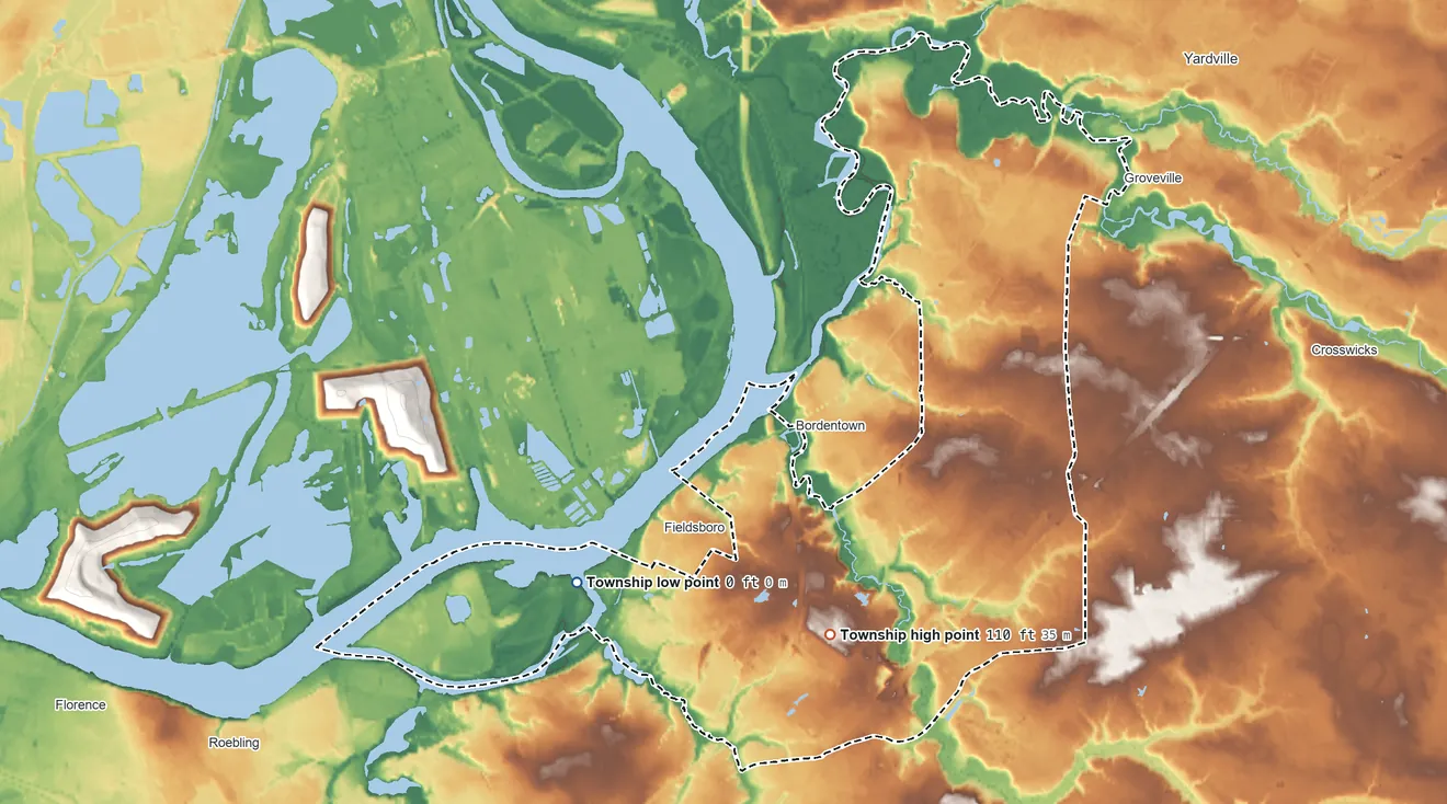 Topographic elevation map of Bordentown Township, New Jersey, shaded from 0 ft on the west side to 110 ft on the southwest side