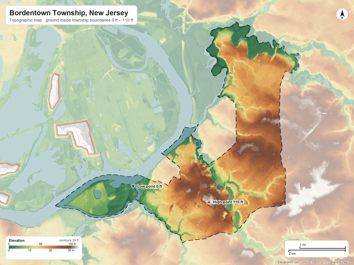 Topographic elevation map of Bordentown Township, New Jersey, shaded from 0 ft on the west side to 110 ft on the southwest side