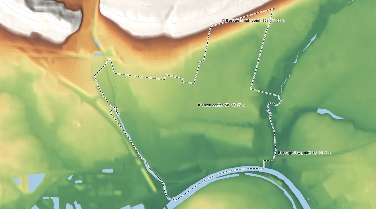 Topographic elevation map of Bound Brook, New Jersey, shaded from 18 ft on the southeast side to 190 ft on the north edge, below higher ground just outside