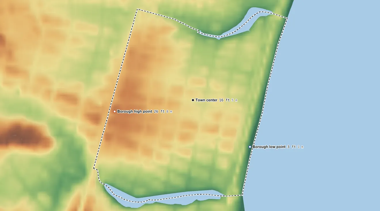 Topographic elevation map of Bradley Beach, New Jersey, shaded from 3 ft on the southeast side to 26 ft on the west side