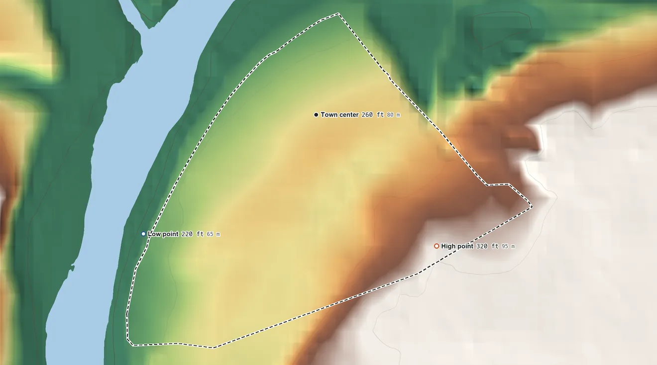 Topographic elevation map of Brainards, New Jersey, shaded from 220 ft on the southwest side to 320 ft on the southeast side