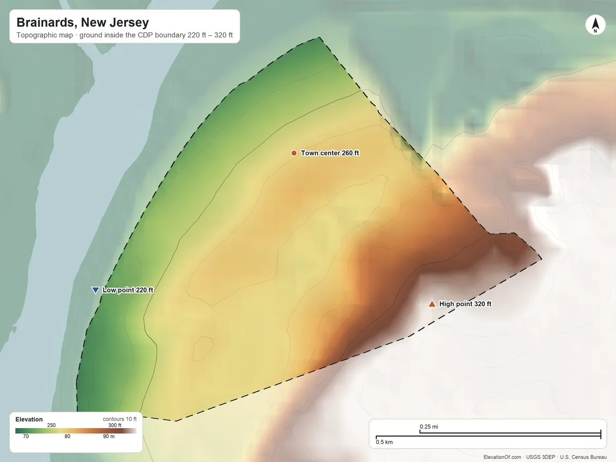 Topographic elevation map of Brainards, New Jersey, shaded from 220 ft on the southwest side to 320 ft on the southeast side