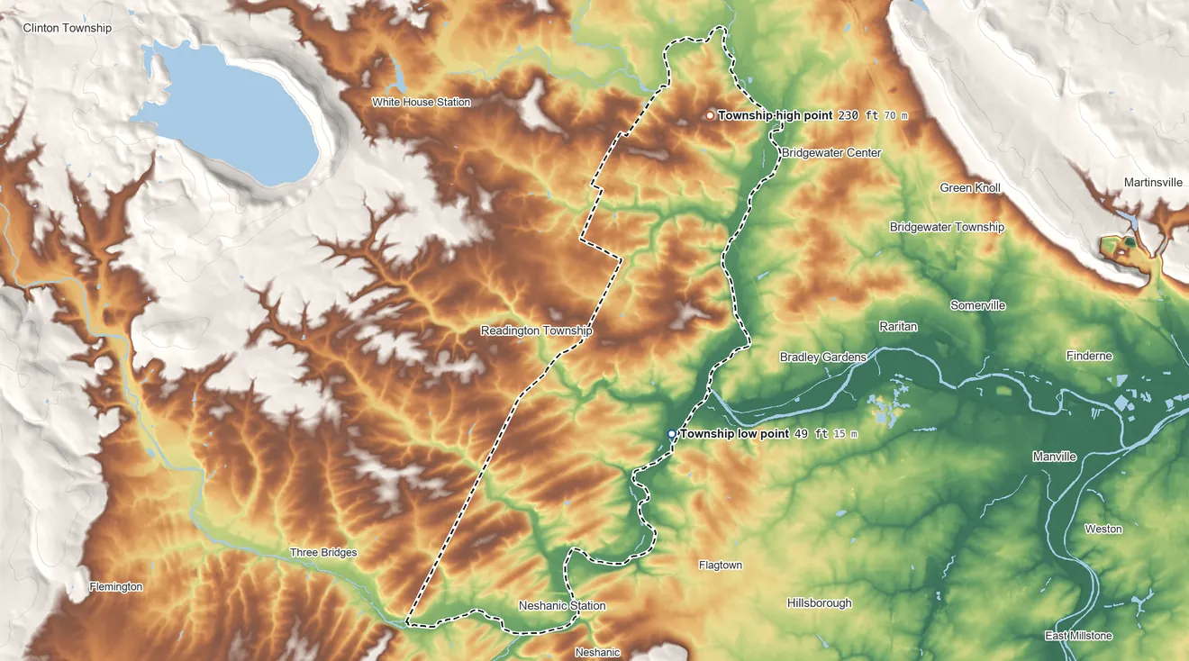 Topographic elevation map of Branchburg Township, New Jersey, shaded from 49 ft on the southeast side to 230 ft on the northeast side