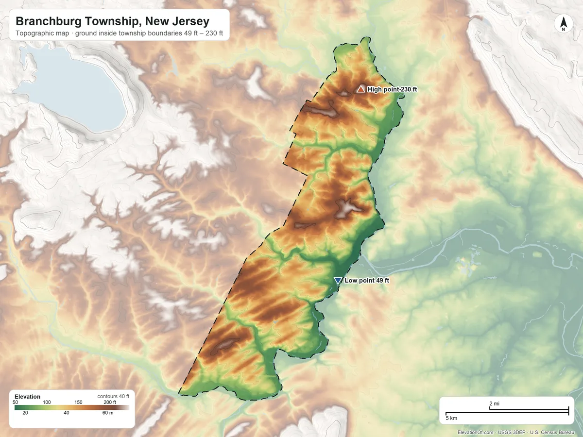 Topographic elevation map of Branchburg Township, New Jersey, shaded from 49 ft on the southeast side to 230 ft on the northeast side