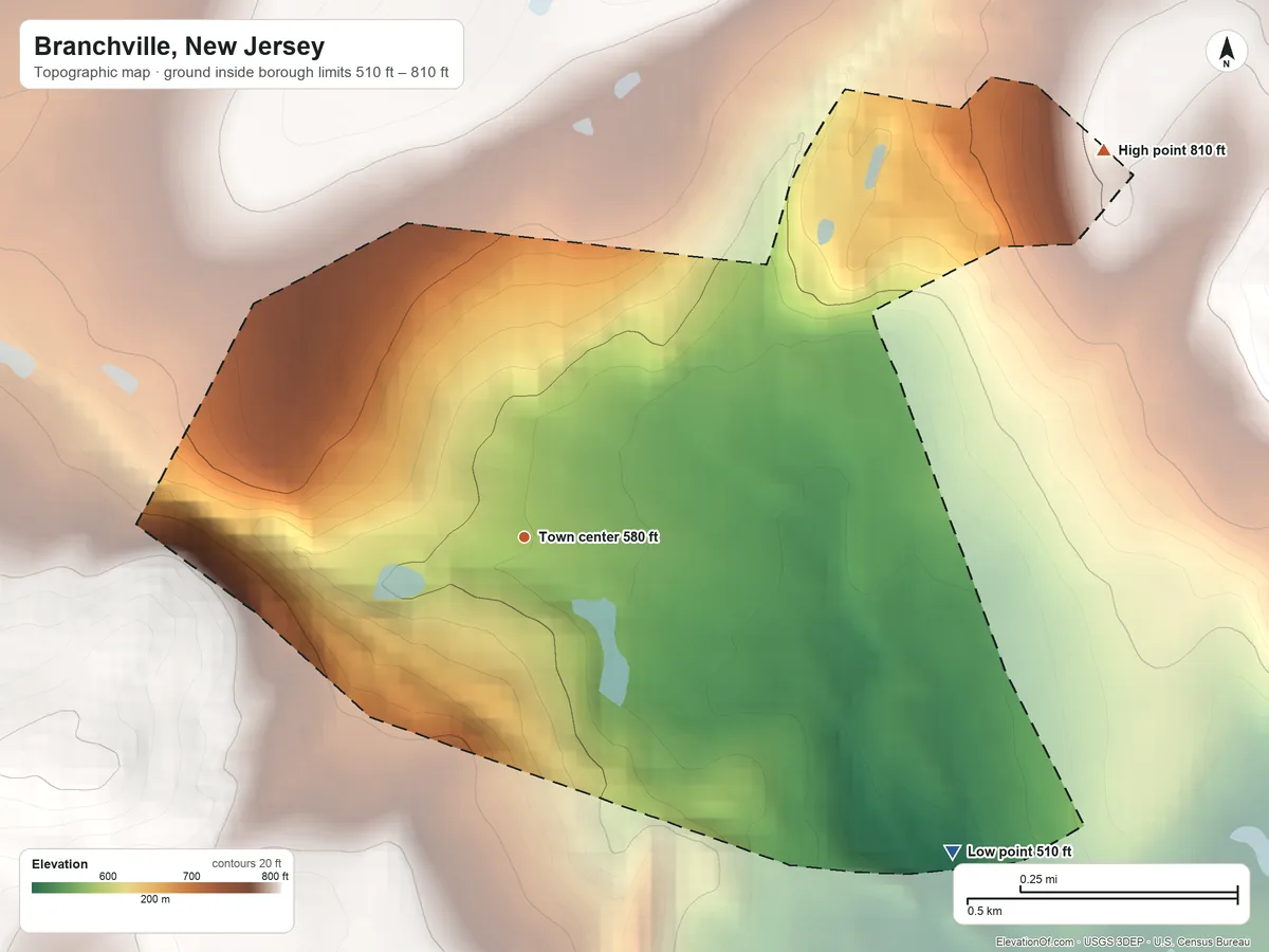 Topographic elevation map of Branchville, New Jersey, shaded from 510 ft on the southeast side to 810 ft on the northeast side