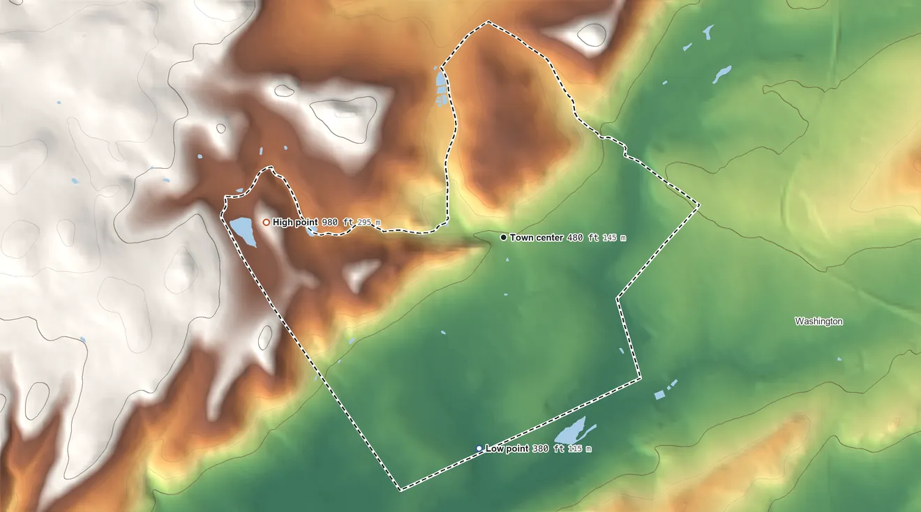 Topographic elevation map of Brass Castle, New Jersey, shaded from 380 ft on the south side to 980 ft on the west side
