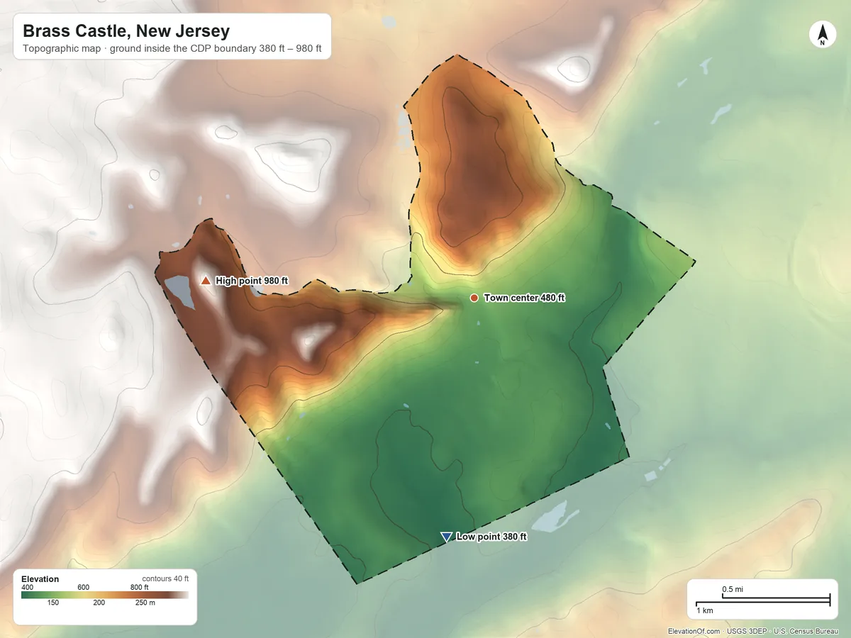 Topographic elevation map of Brass Castle, New Jersey, shaded from 380 ft on the south side to 980 ft on the west side