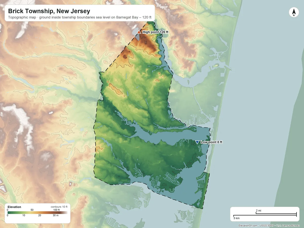 Topographic elevation map of Brick Township, New Jersey, shaded from sea level level on Barnegat Bay to 120 ft on the north side