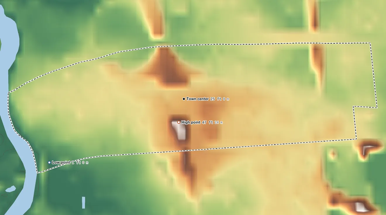 Topographic elevation map of Bridgeport, New Jersey, shaded from 1 ft on the southwest side to 47 ft near the middle