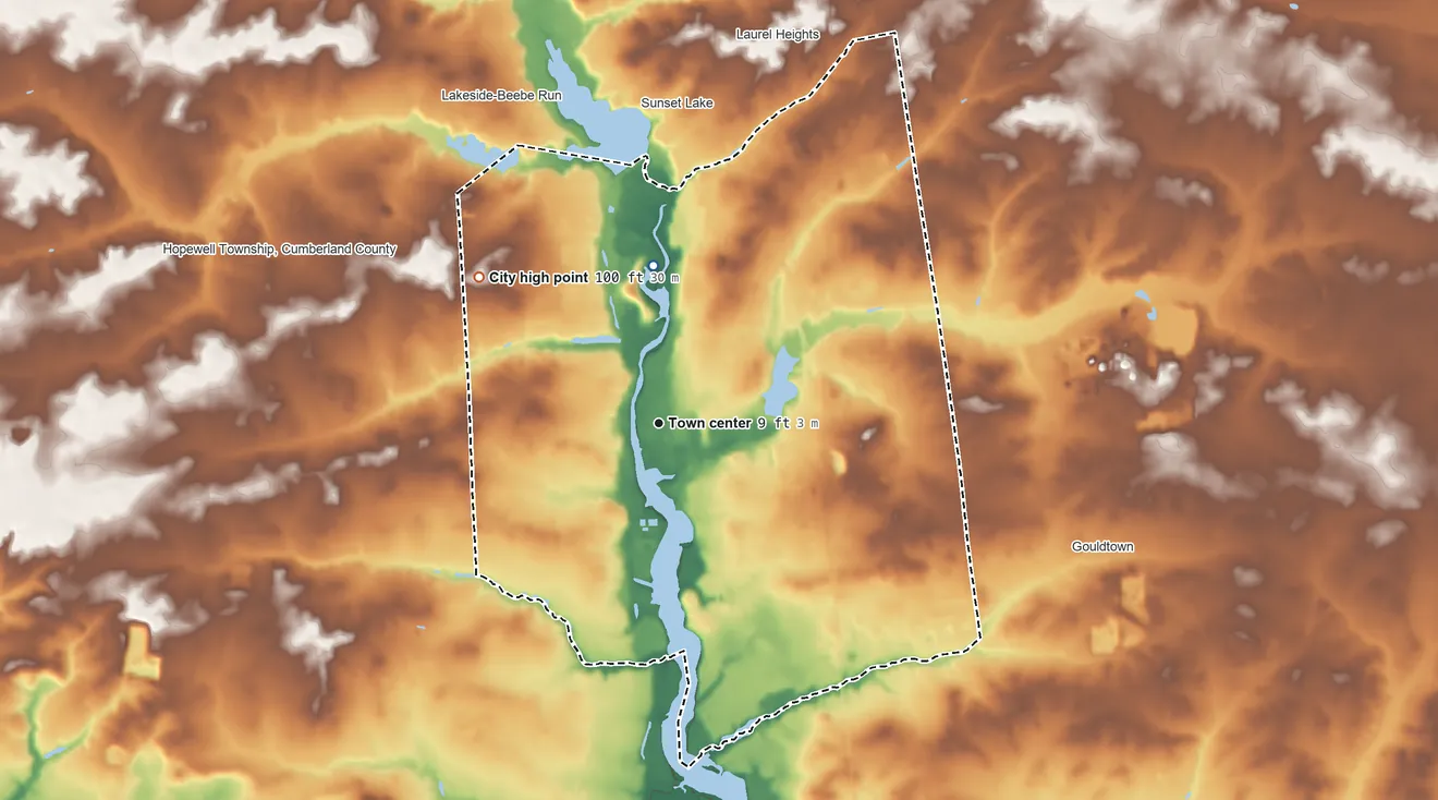 Topographic elevation map of Bridgeton, New Jersey, shaded from 0 ft on the north side to 100 ft on the northwest side