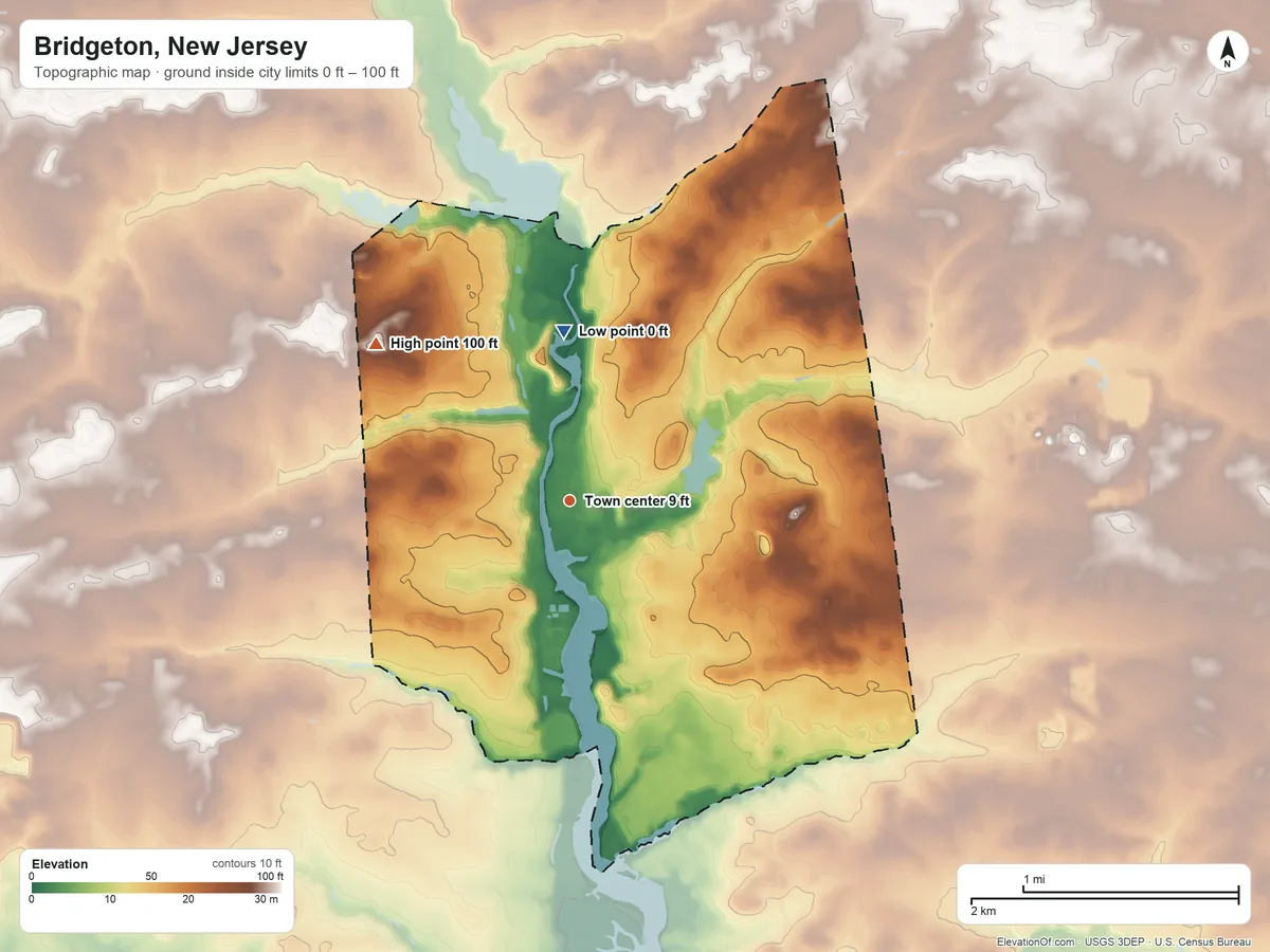 Topographic elevation map of Bridgeton, New Jersey, shaded from 0 ft on the north side to 100 ft on the northwest side