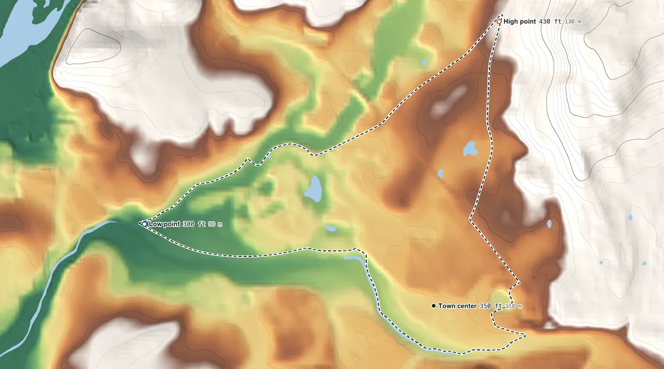 Topographic elevation map of Bridgeville, New Jersey, shaded from 300 ft on the west side to 430 ft at the foot of the Fox Hill Range