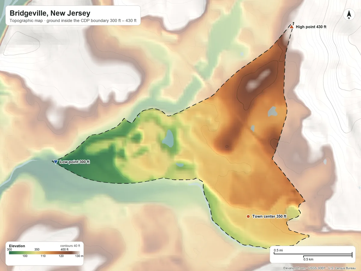 Topographic elevation map of Bridgeville, New Jersey, shaded from 300 ft on the west side to 430 ft at the foot of the Fox Hill Range