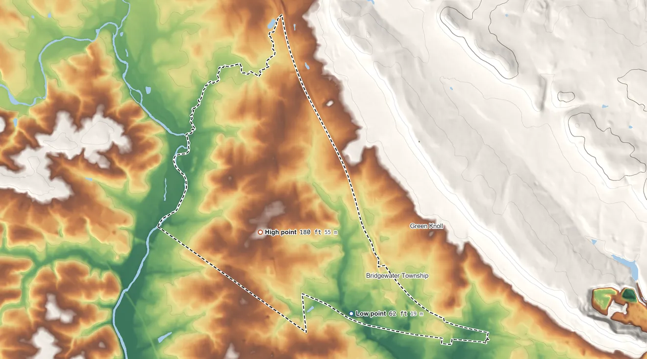 Topographic elevation map of Bridgewater Center, New Jersey, shaded from 62 ft on the southeast side to 180 ft on the south side