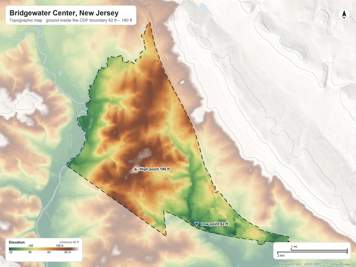 Topographic elevation map of Bridgewater Center, New Jersey, shaded from 62 ft on the southeast side to 180 ft on the south side
