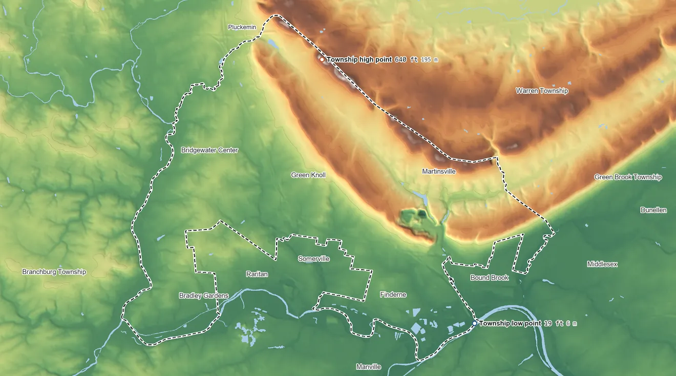 Topographic elevation map of Bridgewater Township, New Jersey, shaded from 19 ft on the southeast side to 640 ft on the north side