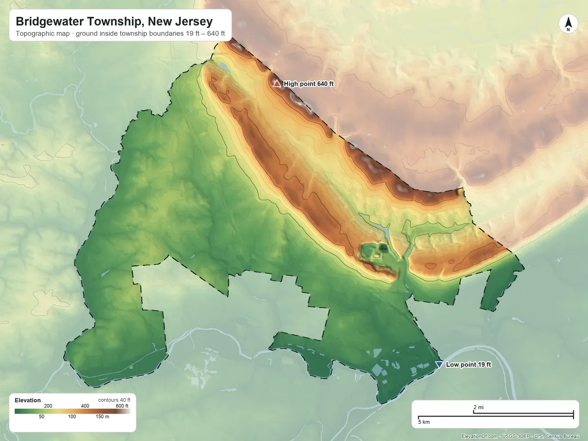 Topographic elevation map of Bridgewater Township, New Jersey, shaded from 19 ft on the southeast side to 640 ft on the north side