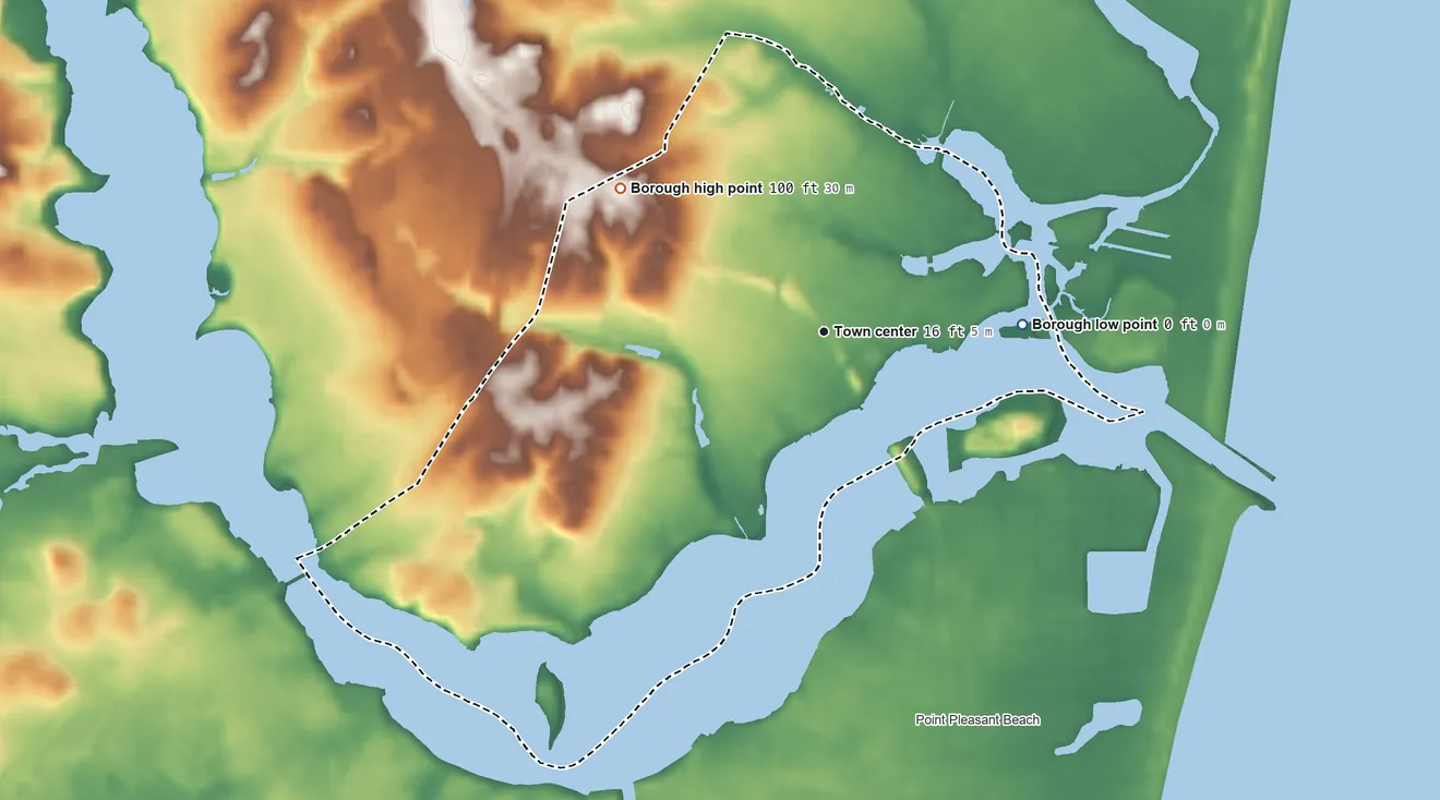 Topographic elevation map of Brielle, New Jersey, shaded from sea level level on the Manasquan River to 100 ft on the northwest side