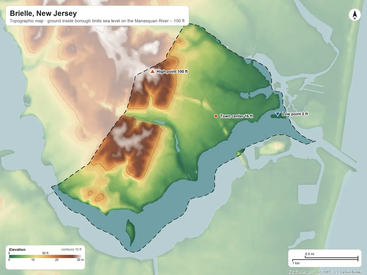 Topographic elevation map of Brielle, New Jersey, shaded from sea level level on the Manasquan River to 100 ft on the northwest side