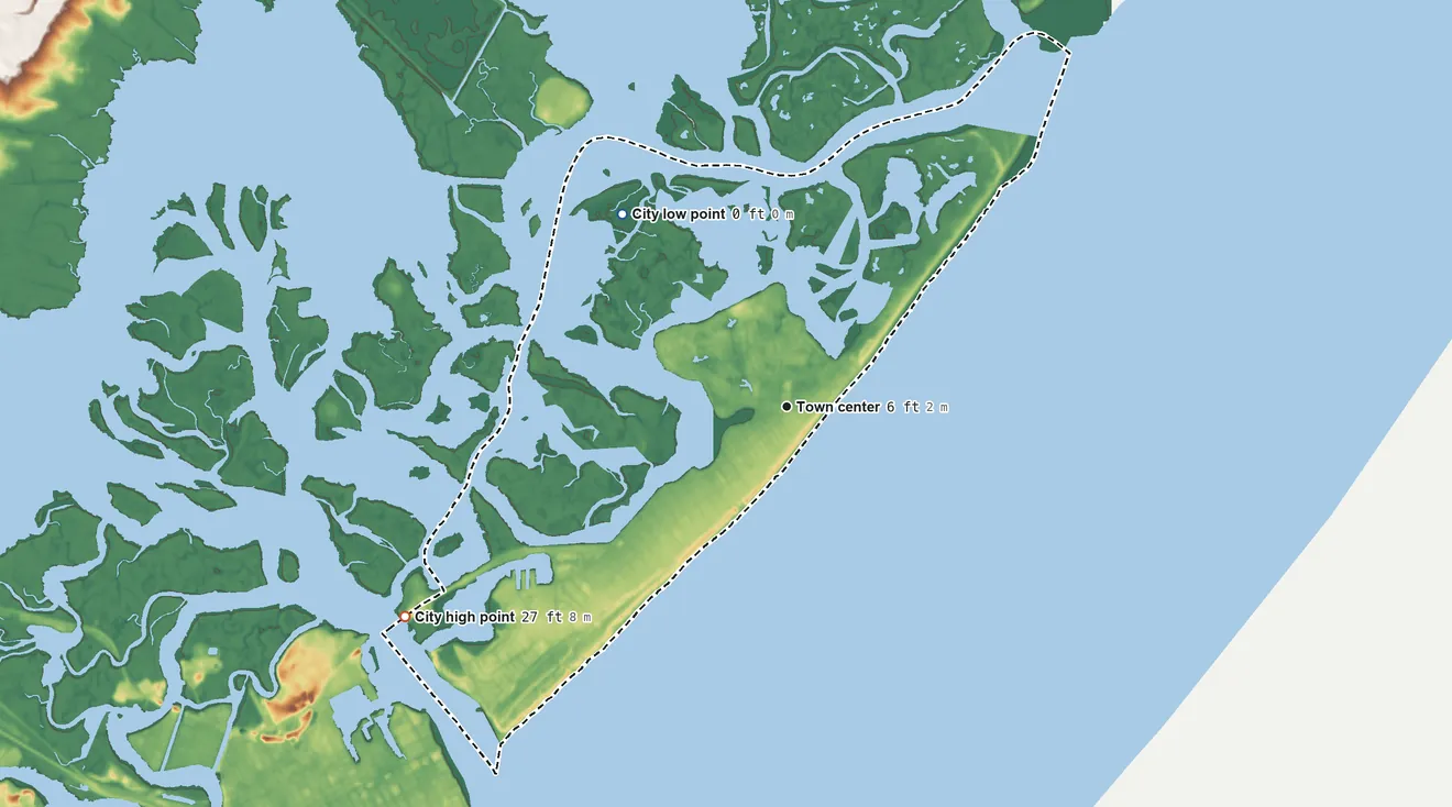 Topographic elevation map of Brigantine, New Jersey, shaded from sea level level on the Wading to 27 ft on the southwest side