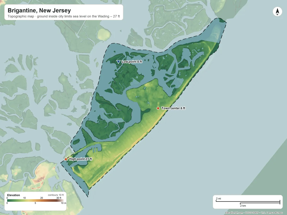 Topographic elevation map of Brigantine, New Jersey, shaded from sea level level on the Wading to 27 ft on the southwest side