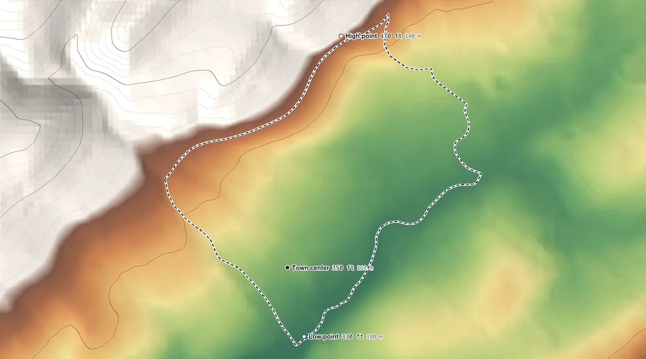 Topographic elevation map of Broadway, New Jersey, shaded from 330 ft on the south side to 470 ft at the foot of the Fox Hill Range