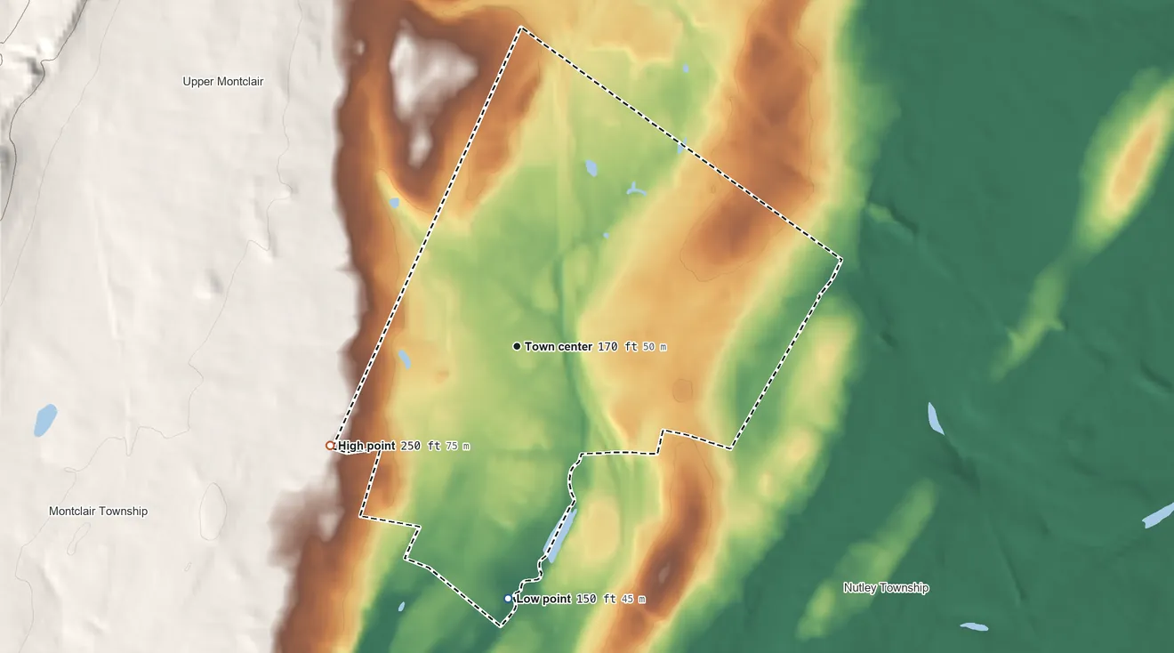 Topographic elevation map of Brookdale, New Jersey, shaded from 150 ft on the south side to 250 ft at the foot of the Watchung Mountains