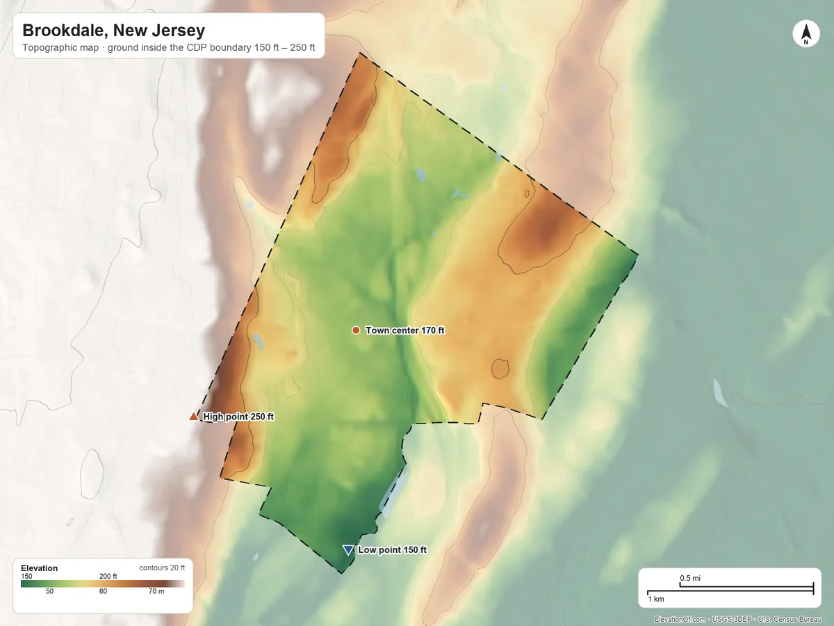 Topographic elevation map of Brookdale, New Jersey, shaded from 150 ft on the south side to 250 ft at the foot of the Watchung Mountains