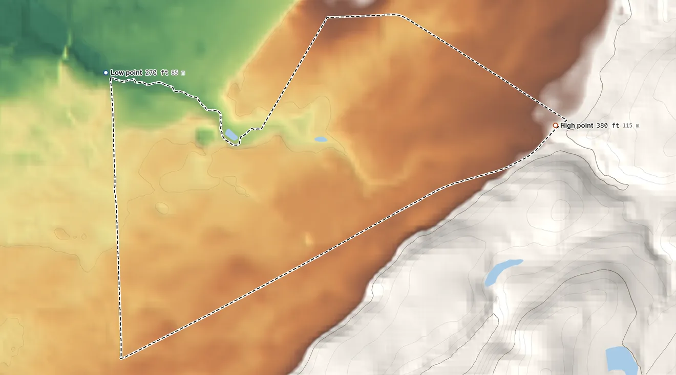 Topographic elevation map of Brookfield, New Jersey, shaded from 270 ft on the west side to 380 ft at the foot of the Fox Hill Range