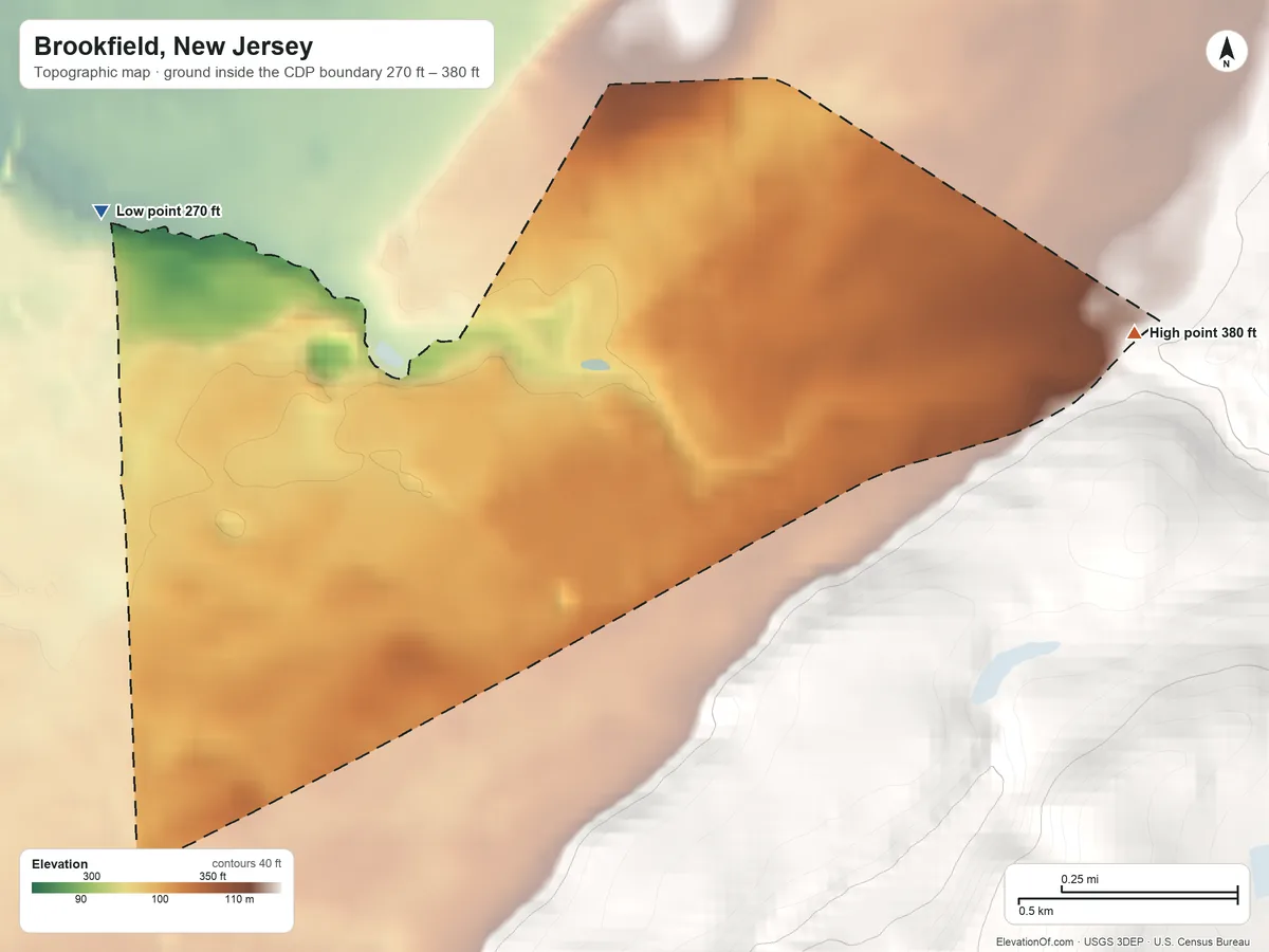 Topographic elevation map of Brookfield, New Jersey, shaded from 270 ft on the west side to 380 ft at the foot of the Fox Hill Range