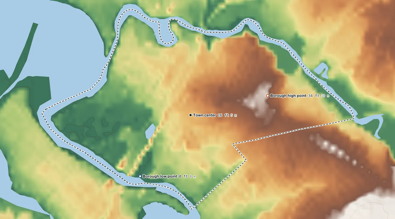 Topographic elevation map of Brooklawn, New Jersey, shaded from 0 ft on the southwest side to 34 ft on the east side