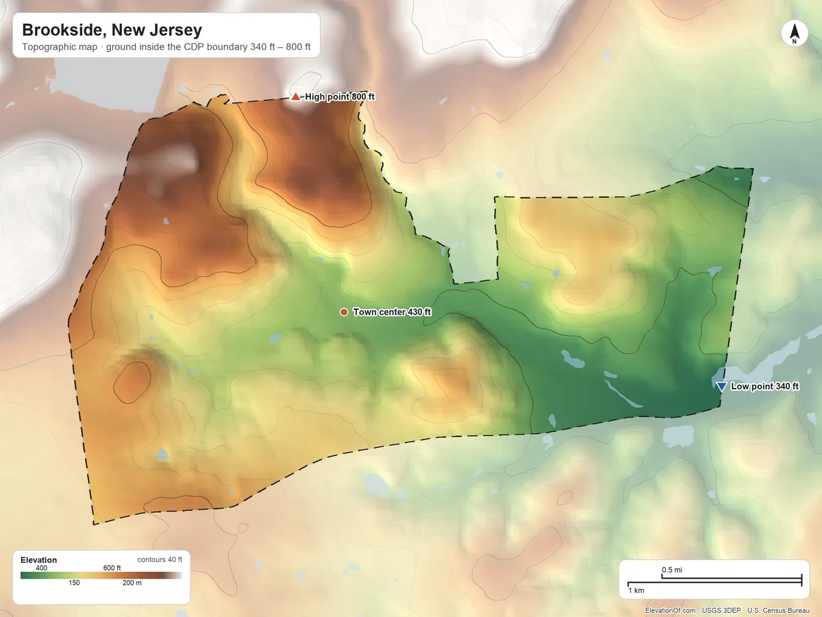 Topographic elevation map of Brookside, New Jersey, shaded from 340 ft on the east side to 800 ft on the north side